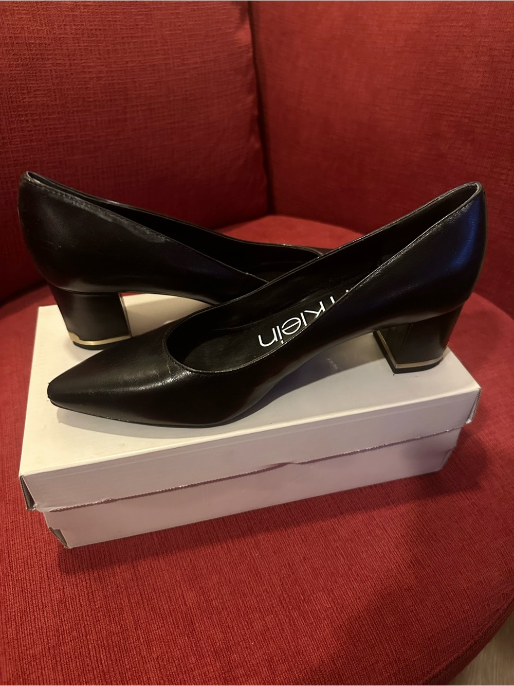 Calvin Klein Black Pointed Toe Low Block Heel Pumps